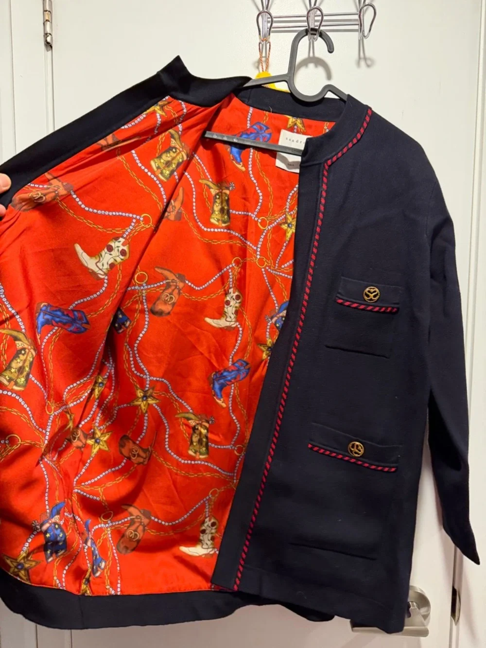Sandro Navy Open-Front Cardigan with Red Trim - Picture 3 of 8